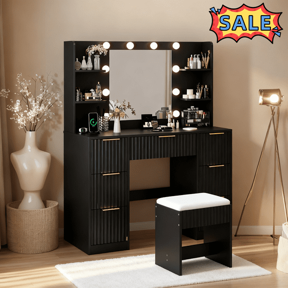 Tcbosik Vanity Desk with Lighted Mirror, Charging Station & Cushioned Stool, Modern Makeup Table with Open Shelves and 7 Drawers for Bedroom, Dressing Room, Black