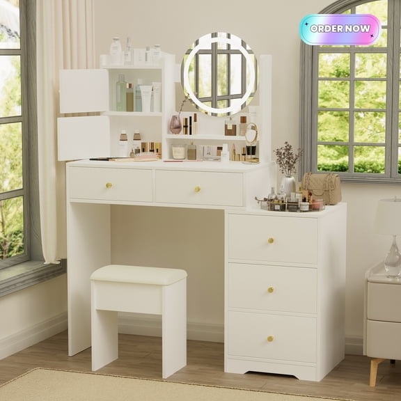 Tcbosik Vanity Desk with Lighted Mirror and Cushioned Stool, 47.2" Makeup Table with 2 Doors and 5 Drawers, Dressing Table with Open Shelf for Bedroom, White