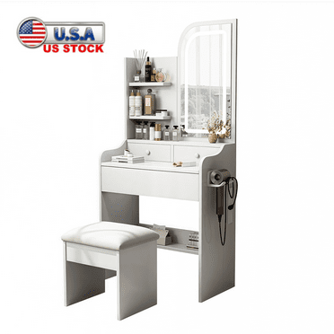 Tcbosik Vanity Desk with Lighted Mirror and Cushioned Stool, Makeup Table with Hair Dryer Holder, Dressing Table with Open Shelves and Storage Drawers for Girls Women, White