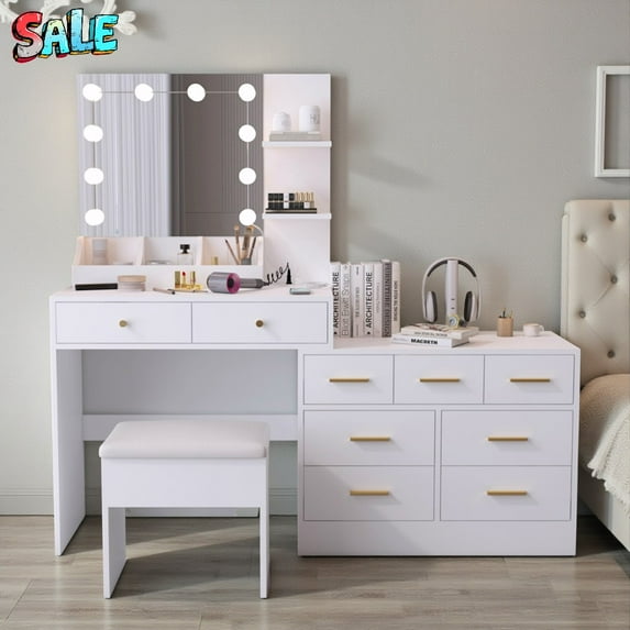 Tcbosik Vanity Desk with Mirror and Lights & Charging Station, 3 Lighting Modes & Adjustable Brightness, White Makeup Table with Drawer-Dresser and Cushioned Stool