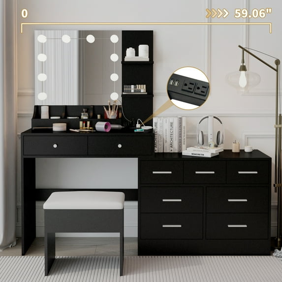 Tcbosik Vanity Desk with Mirror and Lights, Makeup Table with Charging Station and Cushioned Stool, Dressing Table with Open Shelves, 3 Compartments and 9 Drawers for Bedroom, Black