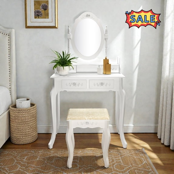 Tcbosik Vanity Desk Set with Mirror and Stool, Makeup Vanity Dressing Table with 4 Drawers for Bedroom, White