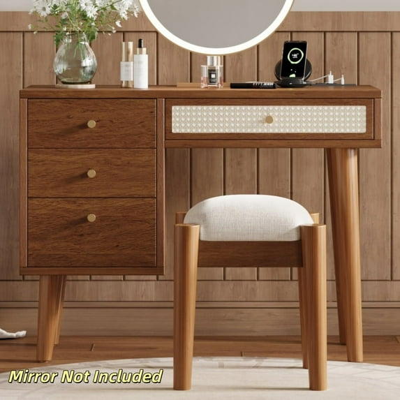 Tcbosik Vanity Desk with Charging Station and Cushioned Stool, Makeup Dressing Table with 4 Storage Drawers for Bedroom, Walnut
