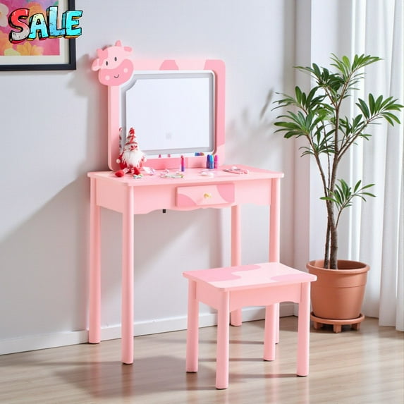 Tcbosik Vanity Set with Stool and LED Lighted Mirror, Pink Cow Makeup Table with Touch Control 3 Color Lighting, Drawer Storage, Solid Wood Legs, Pink Bedroom Vanity