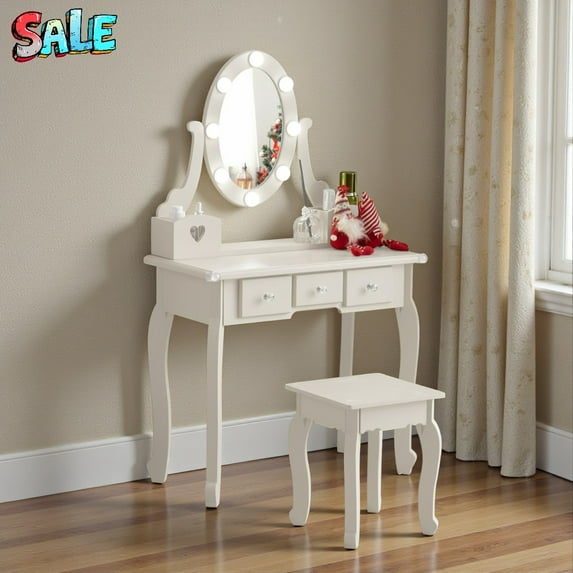 Tcbosik Vanity Set with 3-Color LED Light Mirror, Adjustable Brightness, Includes Stool & Storage, Convertible to Desk, Pink Princess Dress-Up Table