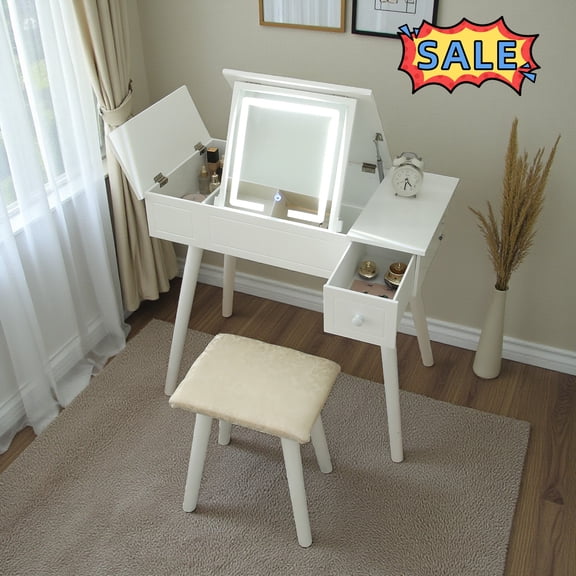 Tcbosik 31.8" Vanity Desk with LED Lights and Flip Top Mirror, Makeup Dressing Table with Cushioned Stool and Storage Drawers for Bedroom, White