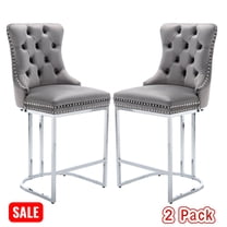 Tcbosik Velvet Bar Stools Set of 2, Upholstered Counter Height Barstool with Button Tufted Back & Chromed Metal Legs for Kitchen Island, Dining Room, Gray