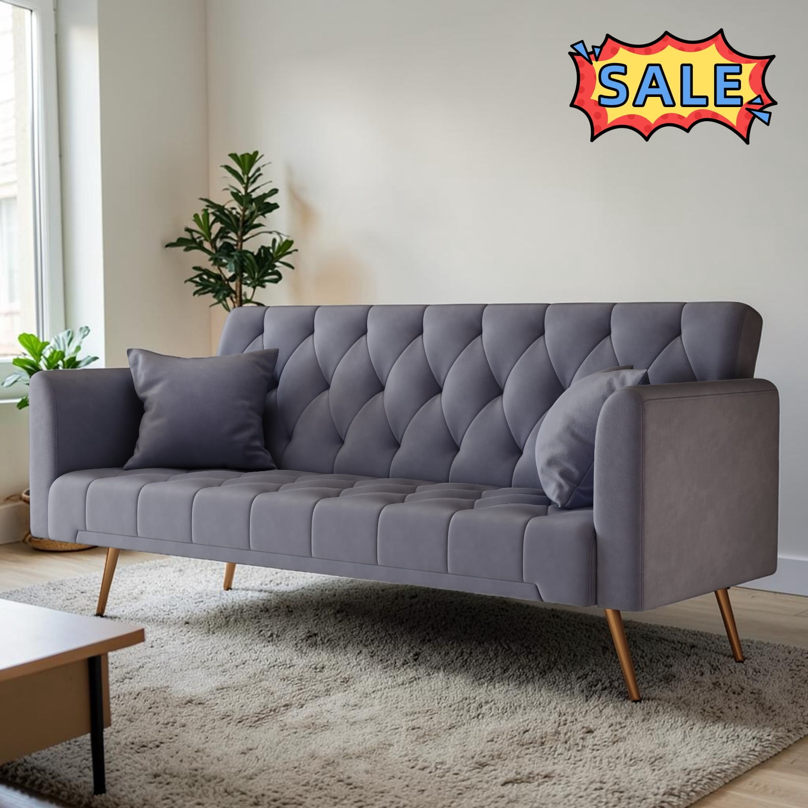 Tcbosik Velvet Convertible Sofa Bed, Upholstered Loveseat with Adjustable Back, Modern Couch for Living Room, Gray