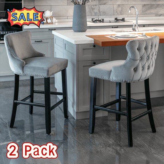 Tcbosik Velvet Counter Height Upholstered Barstools Set of 2, Armless Bar Chair with Button Tufted Design & Wood Legs for Kitchen Island, Easy Assembly, Gray