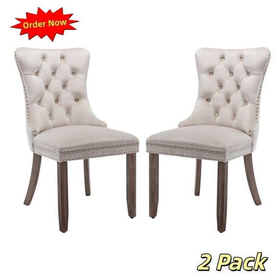 Tcbosik Velvet Dining Chairs Set of 2, Upholstered Kitchen Chair with Button Tufted Backrest, Side Chair for Living Room, Easy Assembly, Beige & Natural