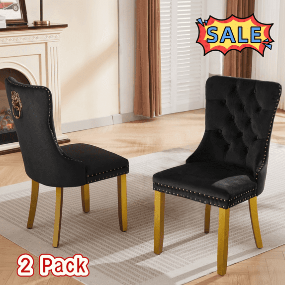 Tcbosik Velvet Dining Chairs Set of 2, Upholstered Dining Room Chair with Button Tufted Back & Solid Wood Legs for Kitchen, Living Room, Black