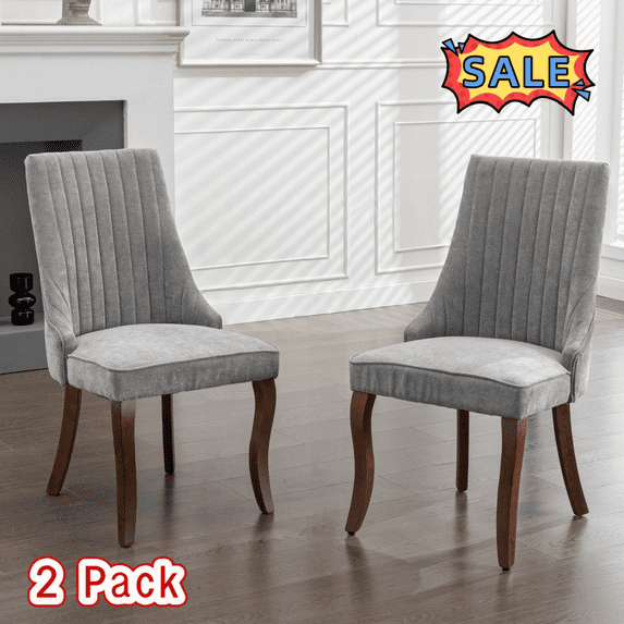 Tcbosik Velvet Fabric Upholstered Chairs Set of 2, Modern Dining Chairs with Wood Legs for Living Room, Kitchen, Easy to Assemble, Gray & Brown
