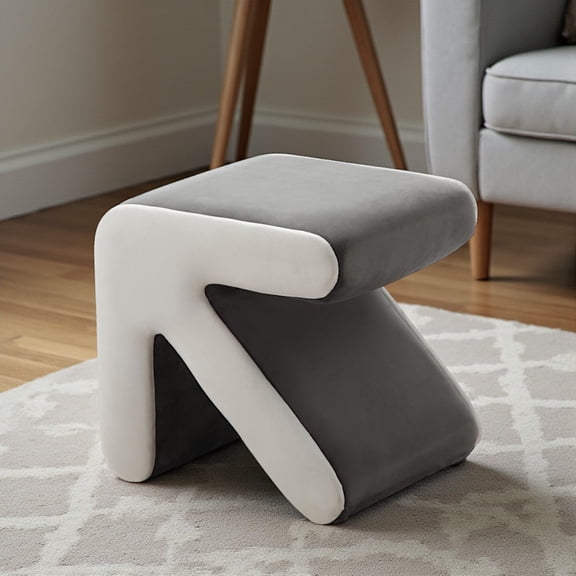 Tcbosik Velvet Upholstered Arrow-Shaped Ottoman, Soft Padded Stool & Footrest w/ Wood Frame, Stylish Living Room, Bedroom, Entryway Seat (Gray+Beige)
