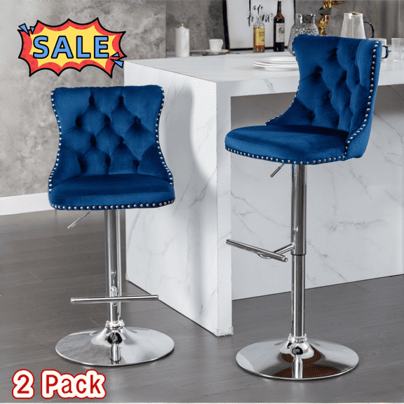 Tcbosik Velvet Upholstered Bar Stools Set of 2, 24.8" - 33" Height Adjustable Swivel Counter Chair with Button Tufted Back and Chrome Base for Kitchen Island, Dining Room, Blue & Silver
