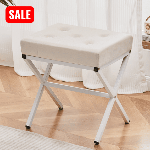 Tcbosik Velvet Upholstered Footstool, 17" Rectangle Ottoman with Metal Legs for Living Room, Makeup Room, Bedroom, Easy Assembly, White