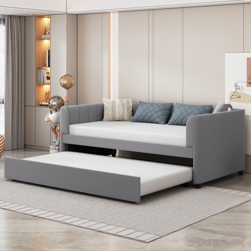 Gray Velvet Upholstered Twin Daybed with Trundle and Wood Frame