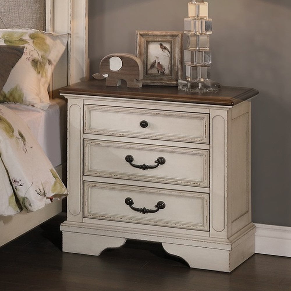 Antique White 3-Drawer Wooden Nightstand with Dark Top