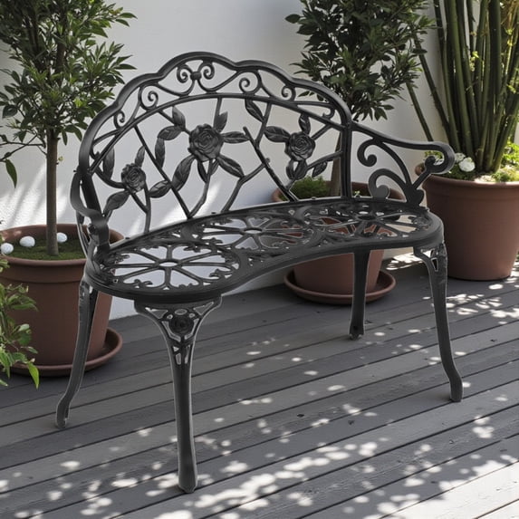 Tcbosik Vintage Patio Bench in Black, 38.5" Cast Aluminum Outdoor Bench for 2, for Garden, Deck, Front Porch