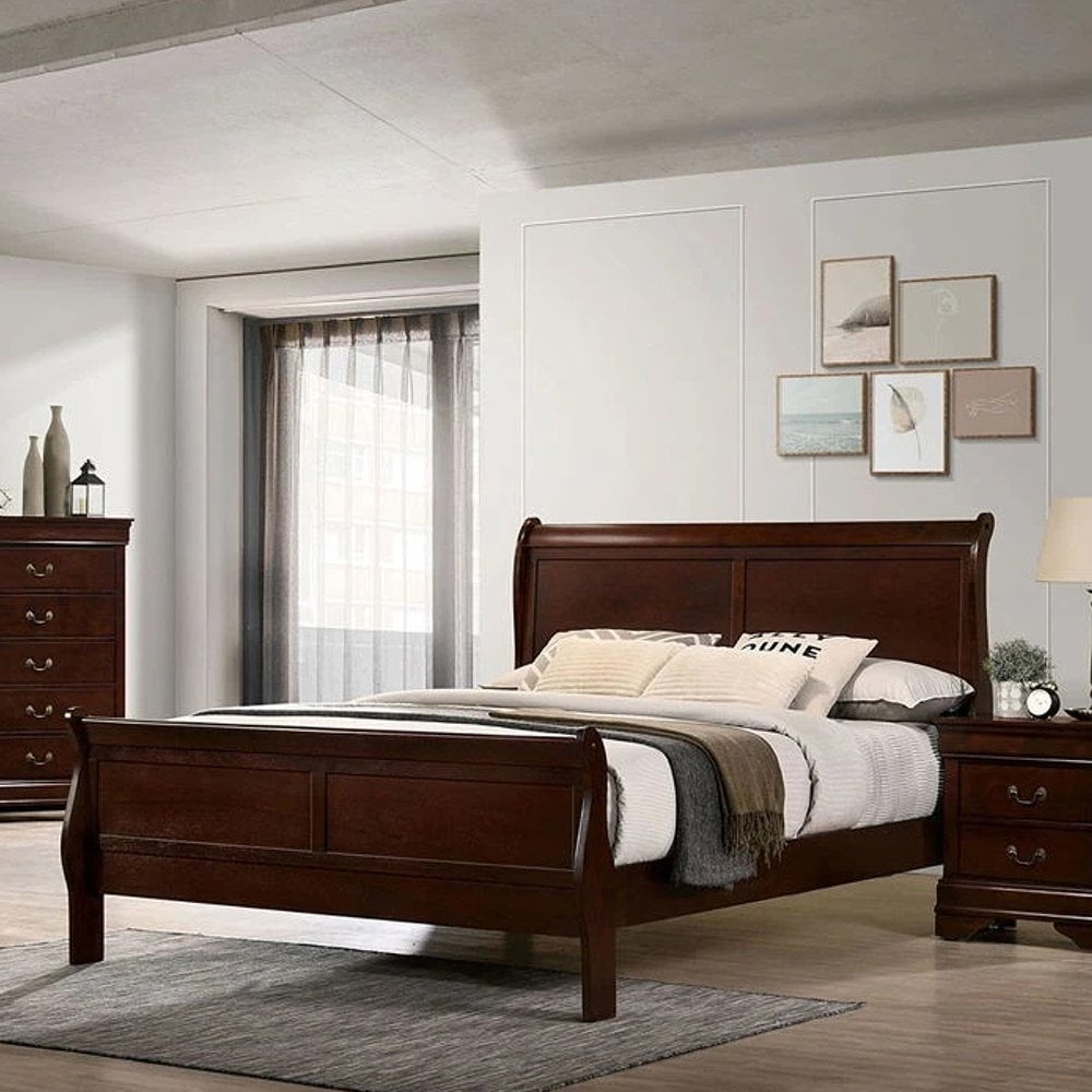 Tcbosik Vintage Wood Bed, Full Size Platform Bed in Cherry, Box Spring