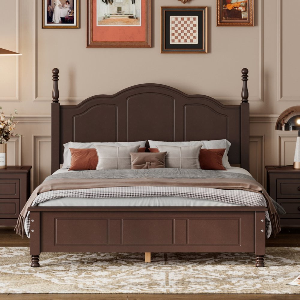 Full Size Dark Walnut Pine Wood Platform Bed with Headboard