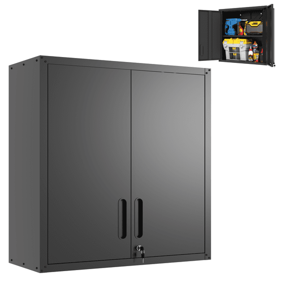 Tcbosik Wall Cabinet with Lockable Doors and Adjustable Shelf, Floating Metal Tool Cabinet for Garage Warehouse Home Office, Black