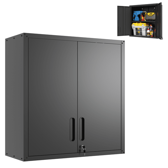 Tcbosik Wall Cabinet with Lockable Doors and Adjustable Shelf, Floating Metal Tool Cabinet for Garage Warehouse Home Office, Black