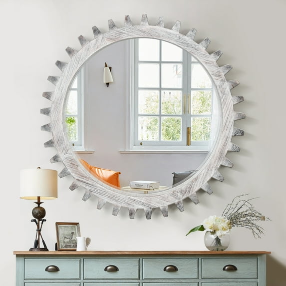 Tcbosik Wall Decorative Mirror 42 Inch, Round Wooden Hanging Mirror, Gear Shape Vanity Mirror for Bathroom Bedroom Living Room, White Washed