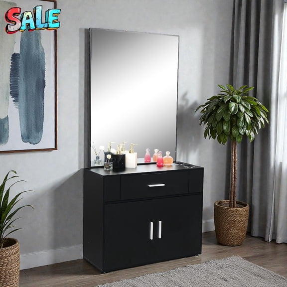 Tcbosik Wall Mount Hair Styling Station with Mirror, Salon Cabinet with 2 Doors & 1 Drawer, 2 Zinc Alloy Tool Rings, Black Professional Salon Organizer for Barbers & Beauty Studios