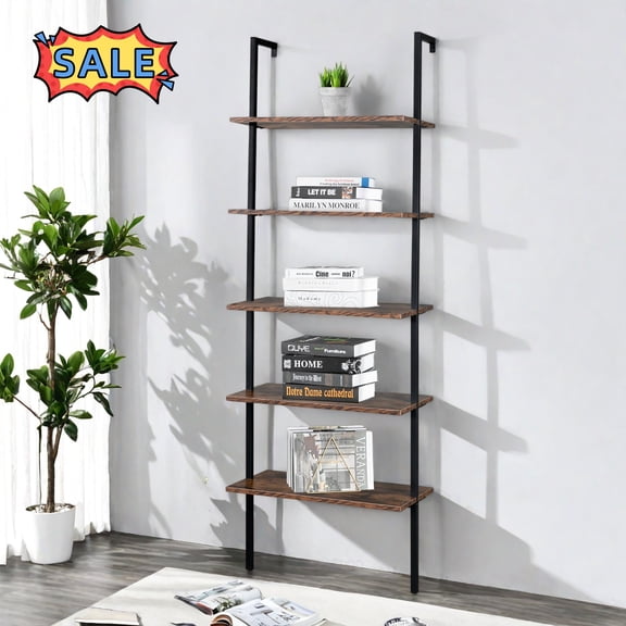 Tcbosik Ladder Shelf, 5-Tier Wall Mounted Bookshelf, Bookcase with Metal Frame, Storage Rack for Home Office, Living Room, Bedroom, Rustic Brown