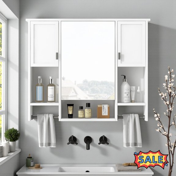 Tcbosik Wall Mounted Cabinet with Mirror, Medicine Cabinet with Doors and Adjustable Shelf, Storage Cabinet with Towel Bar for Kitchen, Bathroom, White