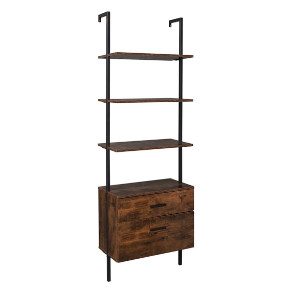 Tcbosik Wall Mounted Ladder Shelf with Drawers, 4 Tiers Ladder Bookshelf with Metal Frame and Wood Shelves for Living Room Bedroom Office, Brown