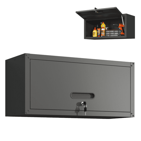 Tcbosik Wall Mounted Metal Cabinet with Up-Flip Door, Floating Locker Cabinet for Kitchen Garage Workshop, Easy Assembly, Black
