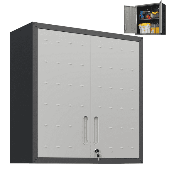 Tcbosik Wall Mounted Storage Cabinet, Metal Tool Cabinet with Adjustable Shelf and 2 Lockable Doors, Easy to Assemble, Black & Gray