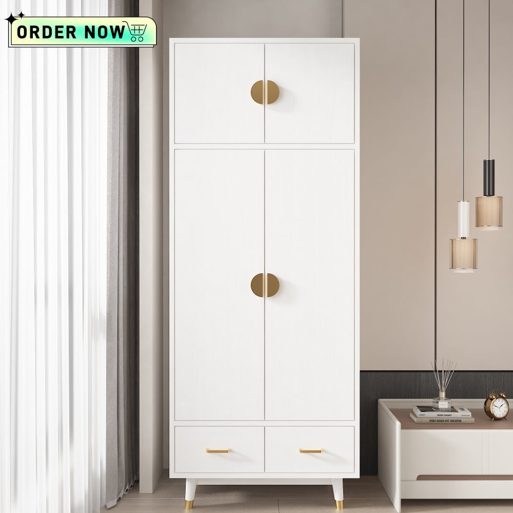 White MDF Wardrobe with Mirror and Gold Accents
