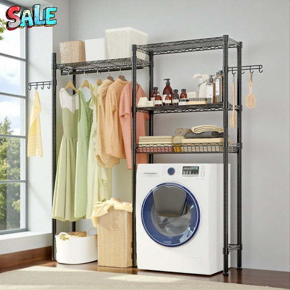 Tcbosik Over the Washer and Dryer Garment Rack, Height Adjustable Carbon Steel Clothes Rack with Hanging Rod, 3 Shelves, Wire Basket and Side Hooks, 76.4"H Space-Saving Laundry Organizer, Black