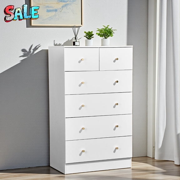 Tcbosik White 6-Drawer Tall Dresser - Modern Vertical Storage Chest Cabinet with Matte Gold Handles, Perfect for Bedroom or Walk-In Closet Organization