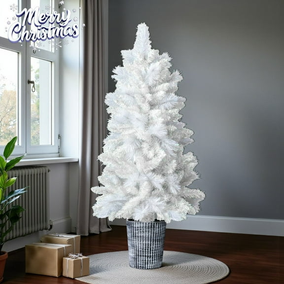 Tcbosik White Artificial Christmas Tree, 4ft Unlit Potted PVC Xmas Tree with 200 Branches & Metal Stand, Minimalist Holiday Decor for Living Room, Office & Entryway