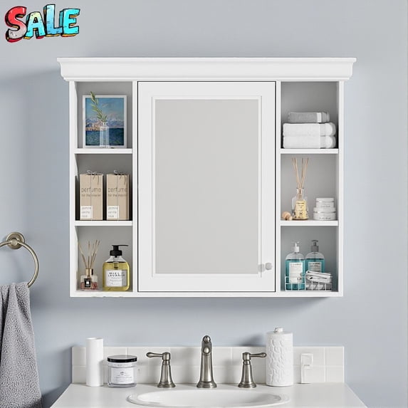 Tcbosik White Bathroom Mirror Cabinet with 1 Door, Adjustable Shelf, Hidden & Open Storage – 35.5"x28.74" Wall-Mounted MDF Medicine Cabinet for Washroom, Bedroom, or Entryway
