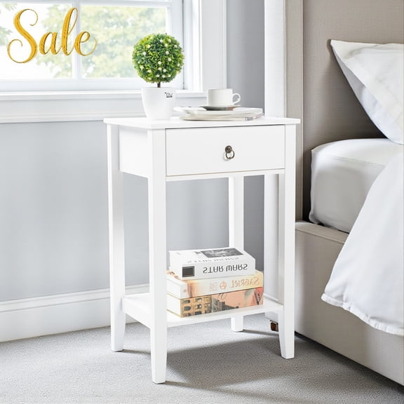 Tcbosik White Nightstand with One Drawer and Open Shelf, Modern Simple Wood Bedside Table for Bedroom, 18.11"L x 13.78"W x 27.56"H