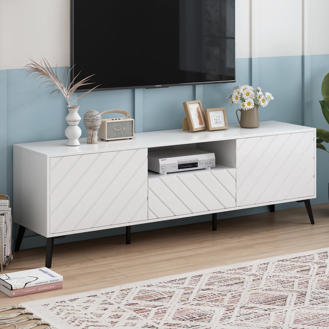 Tcbosik White TV Stand for 70 Inch TV, Modern Media Entertainment