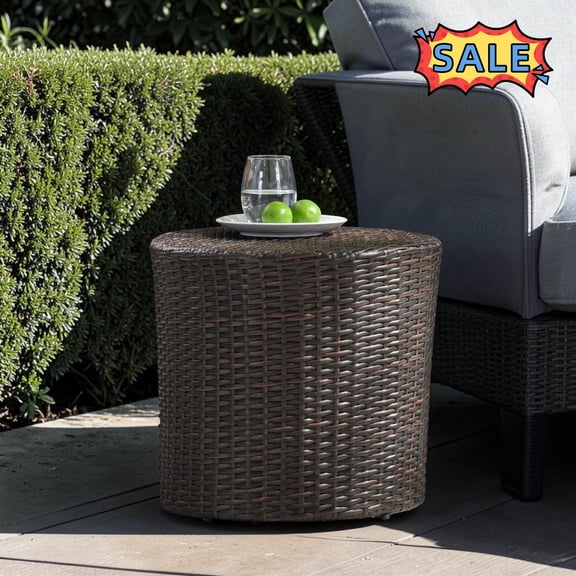 Tcbosik Wicker Side Table for Indoor & Outdoor, 17.5" Barrel Shaped End Table, Accent Table for Patio, Garden, Backyard, No Assembly Required, Brown