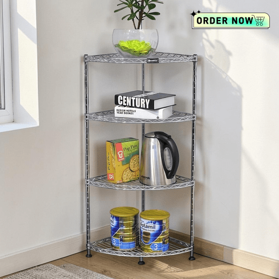 Tcbosik 4-Tier Corner Shelf, Adjustable Metal Shelving Unit, Storage Rack for Living Room, Kitchen, Easy Assembly, Chrome