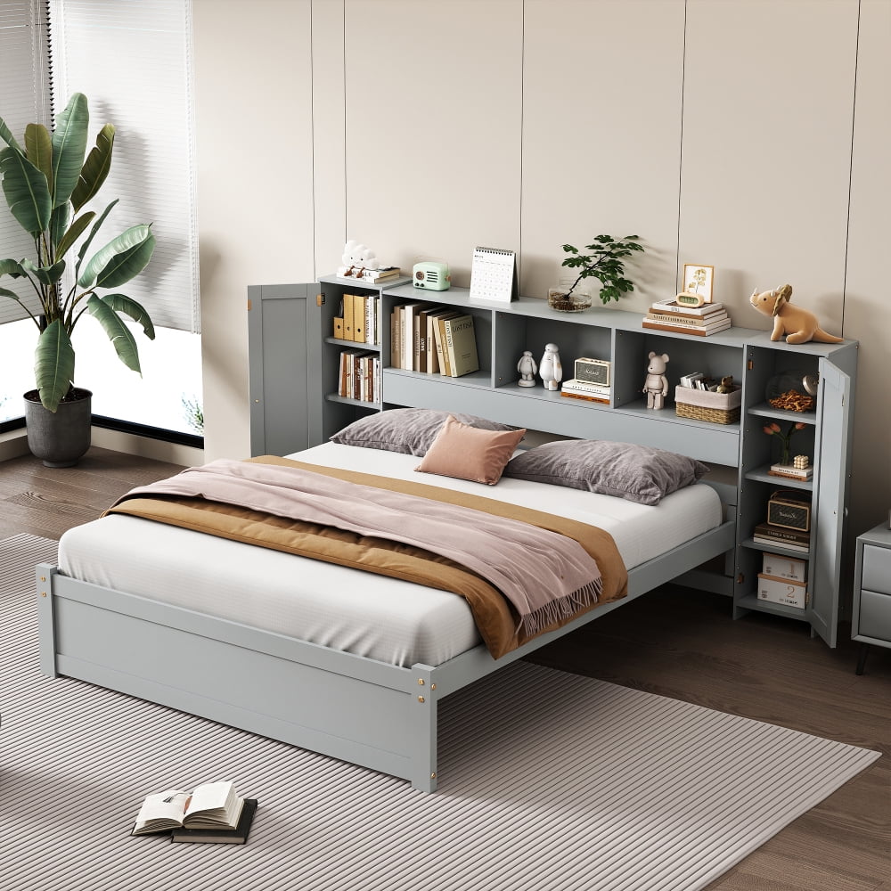 Gray Full Size Wood Platform Bed with Storage Headboard and Cabinets
