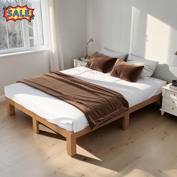 Tcbosik Queen Size Bed Frame, Platform Bed for Bedroom, Wood Slats Support, No Box Spring Needed, Easy Assembly, Natural
