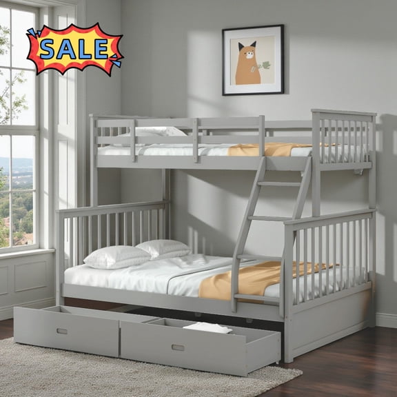 Tcbosik Wood Bunk Bed with 2 Drawers, Twin Over Full Size Bed Frame with Ladder and Safety Guardrails, No Box Spring Needed, Gray