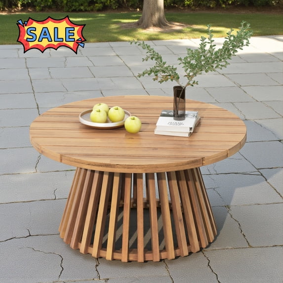 Tcbosik Wood Coffee Table for Outdoor, 31.5" Round Table with Base, Accent Table for Backyard, Balcony, Lawn, Light Teak