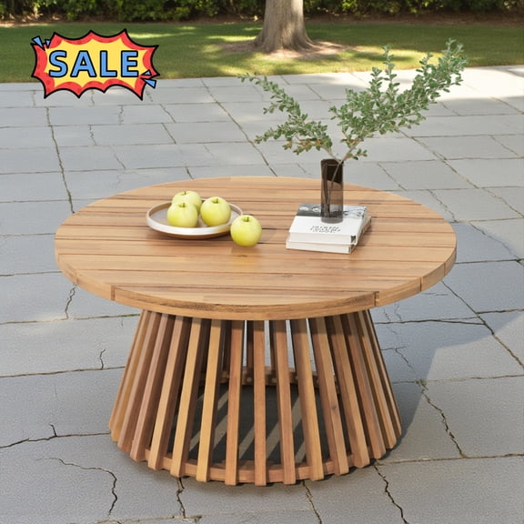Tcbosik Wood Coffee Table for Outdoor, 31.5" Round Table with Base, Accent Table for Backyard, Balcony, Lawn, Light Teak