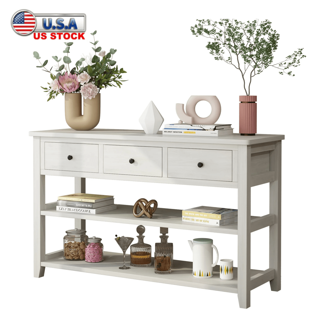 Tcbosik Wood Console Table w/Storage Shelf and 3 Drawers, 3-Tier Sofa ...