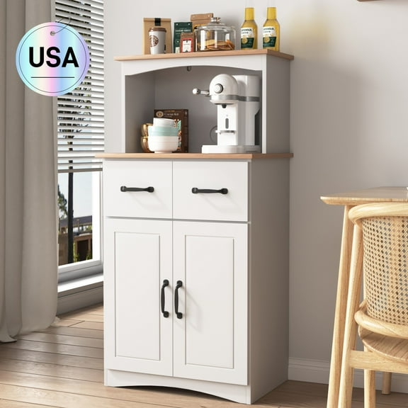 Tcbosik Kitchen Microwave Cabinet with Drawers, Pantry Storage Cabinet with Hutch, Buffet Sideboard with Adjustable Shelf for Dining Room, Living Room, White