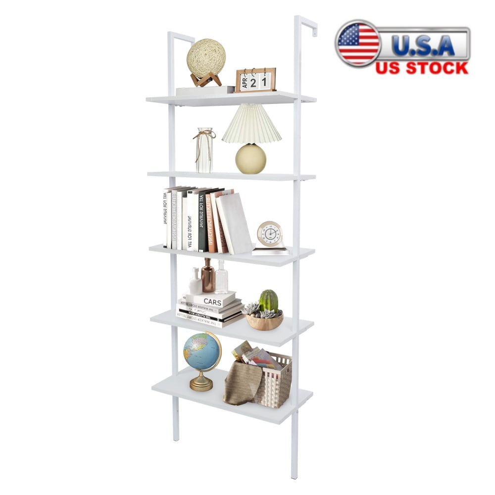 White Adjustable 5-Tier Wood Ladder Bookshelf